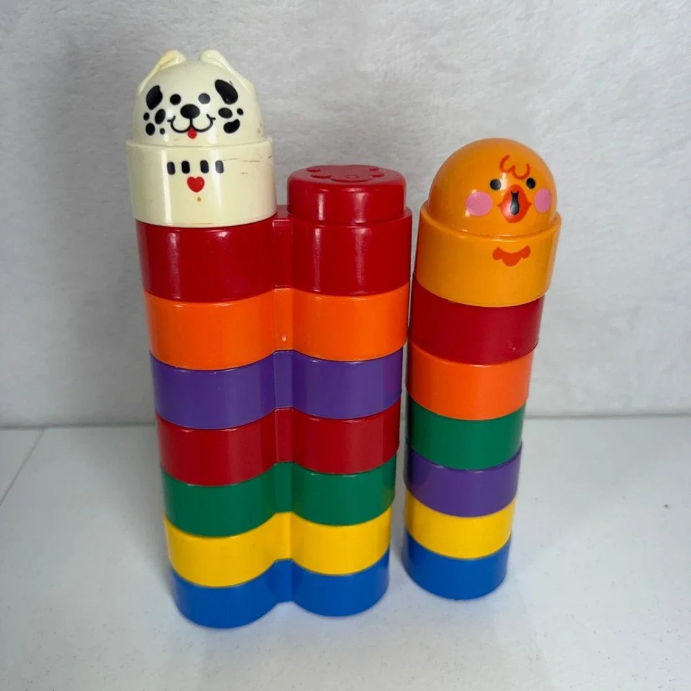 Fisher-Price 1996 Vintage Stacking Blocks Set Rattle Dog Chick Toppers 15pc